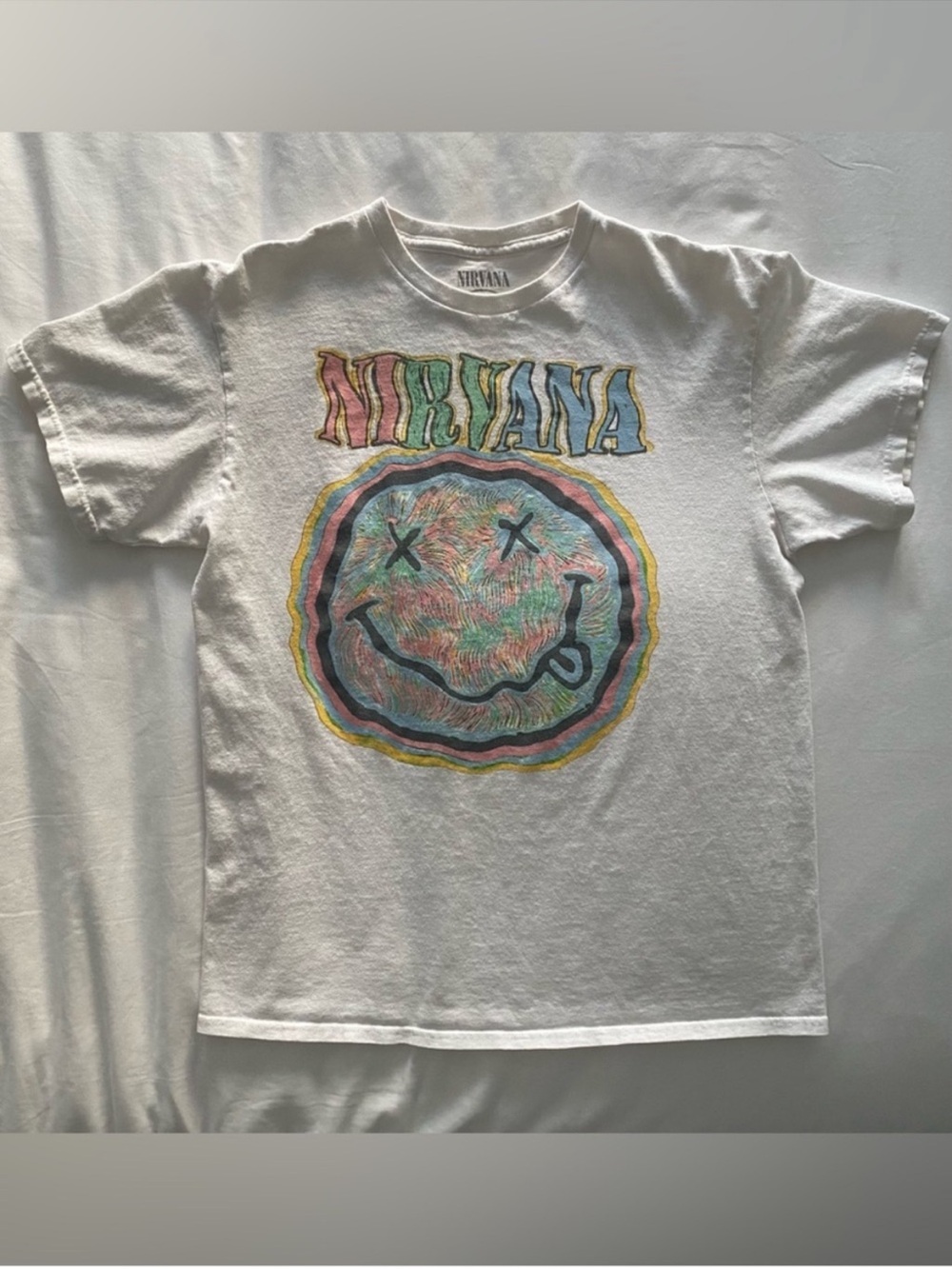 NIRVANA Short Sleeve T-Shirt Smiley Graphic Large White